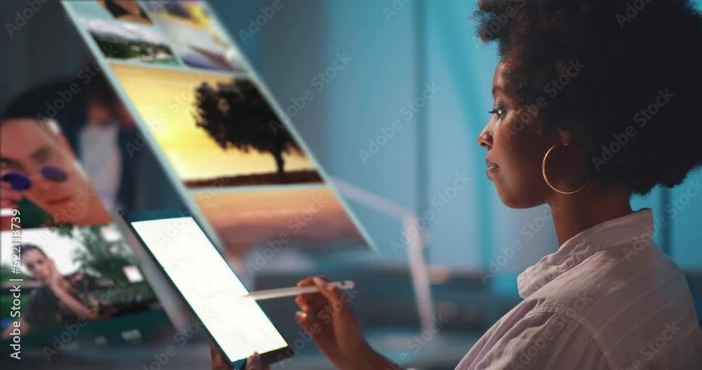 African-American woman surf internet on digital tablet watching medial content on hologram. Animated AR VR projection of images and web pages.