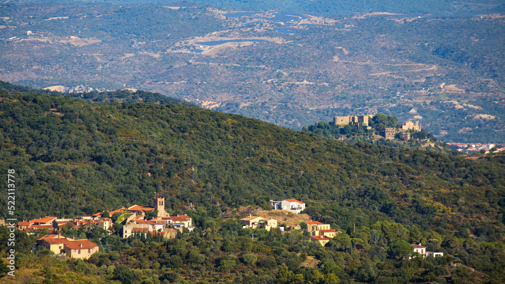 panoramic view of Camélas and the castle of Corbère in Pyrénées Orientales