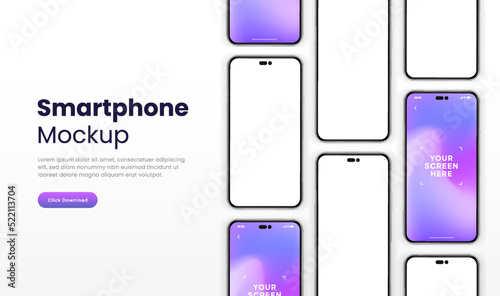 3D realistic high quality smartphone mockup isolated with white blank screen. Smart phone mockup collection. Device front view. 3D mobile phone with shadow on white background.