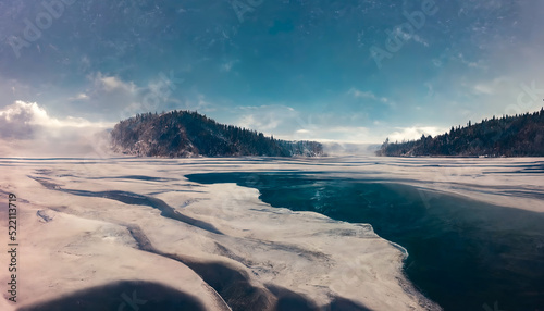 Frozen winter lake, ice on the river, lake in the winter forest. Winter landscape, ice, frost, snow. 3D illustration.
