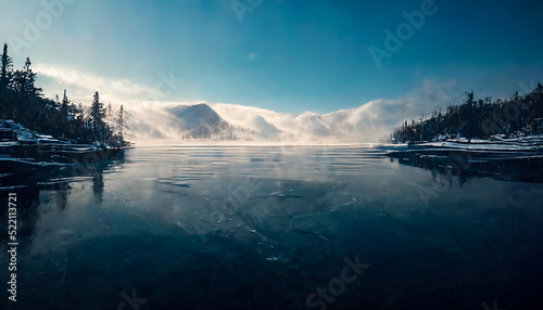 Frozen winter lake, ice on the river, lake in the winter forest. Winter landscape, ice, frost, snow. 3D illustration. © Terablete