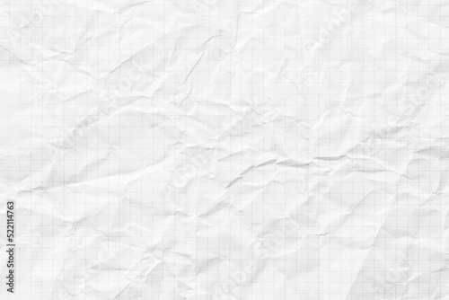 crumpled checkered notebook for writing, white paper texture background