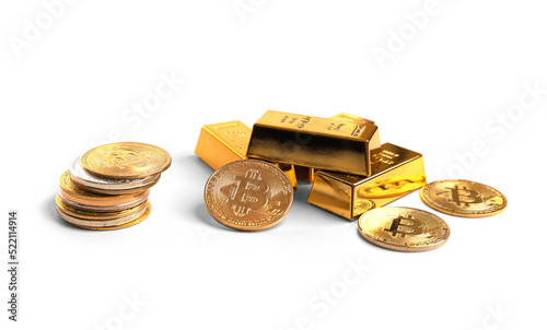 Bitcoins and gold bars isolated