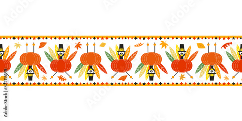 Thanksgiving Day Fall holiday fancy seamless vector flat border pattern. Cute turkey pumpkin cartoon design element. Hand drawn autumn Fall harvest holiday festival celebration background illustration
