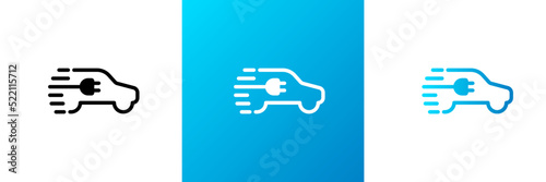 Fast electric car charging logo. Electrical automobile with cable plug charge symbol. Eco friendly ev auto vehicle quick charger concept. Speed recharge electricity transport vector eps illustration