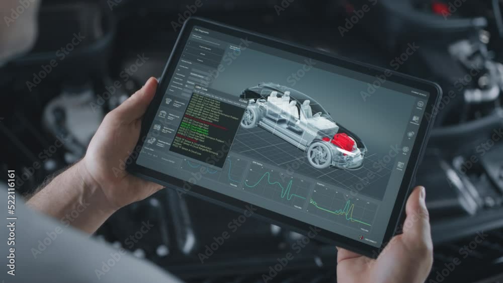 A car repairman performs wireless diagnostics of a car, scanning for errors and searching for breakdowns using a digital tablet on which a three dimensional model of the engine and problems.