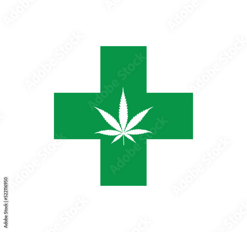 Green cross and leaf of marijuana. 