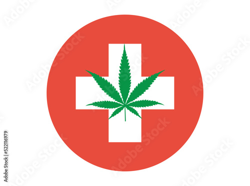 Leaf of marijuana on an ambulance cross icon. 