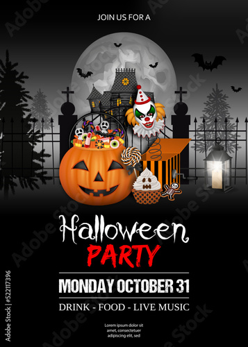 Halloween poster with pumpkin bucket and haunted house