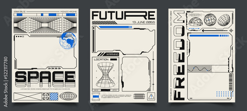 Posters with HUD elements and empty frames. Abstract cyberpunk banner with wireframe 3D figures