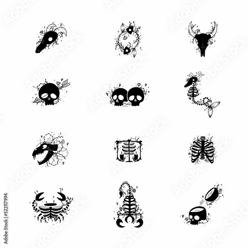 Collection zodiac signs halloween skull bones objects icons stars graphics black and white print