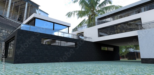 Through passage to the courtyard of an advanced new building. Stone blocks from natural granite. Large palm tree in the background. 3d render.