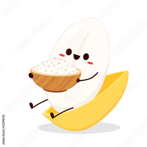 Rice cartoon and rice bowl on white background vector illustration. Cute food mascot logo for restaurant.