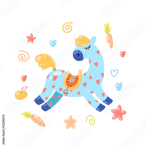 Vector image of cute blue horse with red hearts surrounded with carrots, stars, hearts and swirls. Image for kids apparel and stuff.