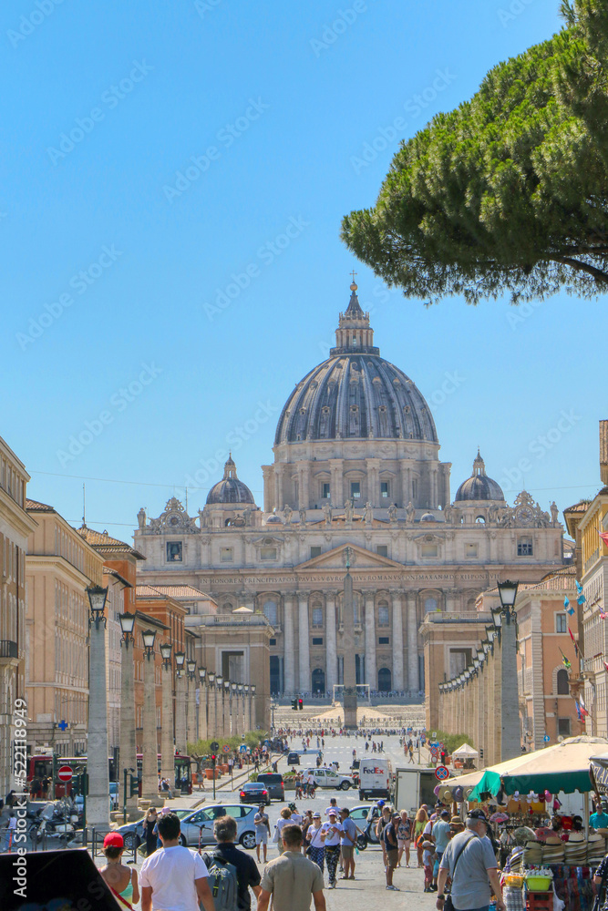 View of St. Peter's Basilica from via della Conciliazione (Road of the Conciliation) in the Vatican City 