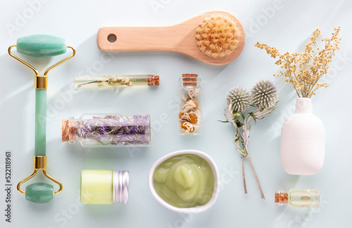 Fotografie Bio herbal homeopathic medicine spa cosmetic arrangement, handmade cosmetic