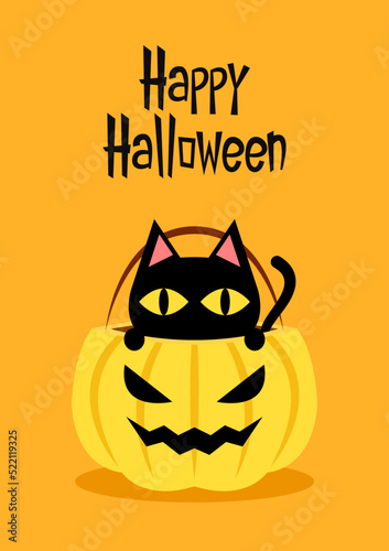 Happy halloween party greeting card with cute Black cat and skull. Holidays cartoon character. Trick or treat. Halloween funny cartoon. photo