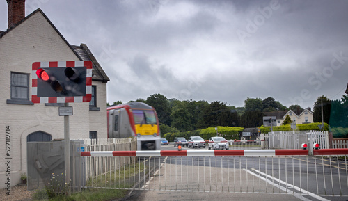 Railway crossing, train, Herefordshire, England, UK, United Kingdom, Great Brittain