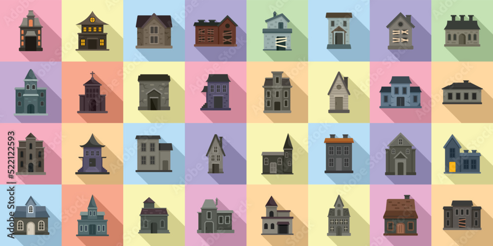 Creepy house icons set flat vector. Scary castle Creepy house icons set flat vector. Scary castle