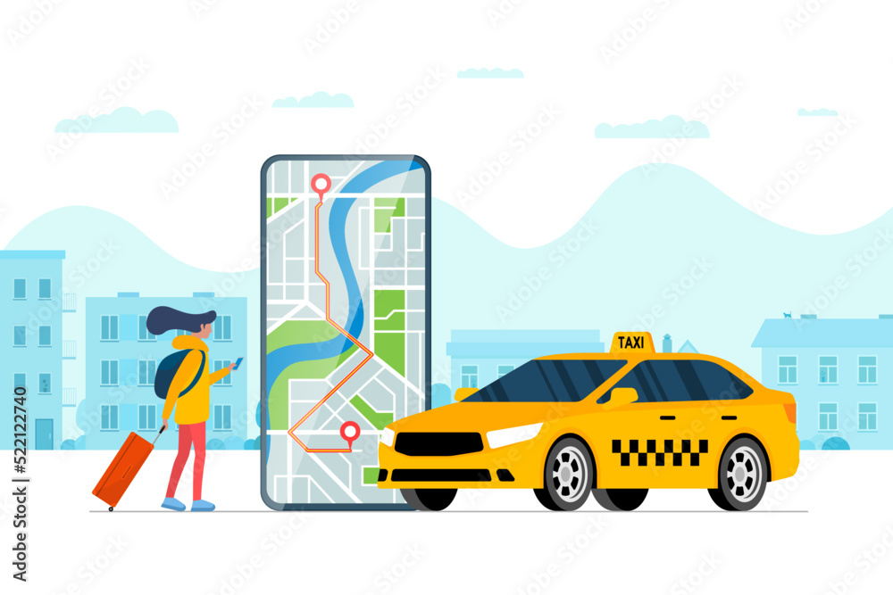 Taxi ordering service app concept. Girl booking yellow cab. Woman with smartphone order car transfer online. Route and arrival address on city map on mobile screen. Web application get taxicab. Vector