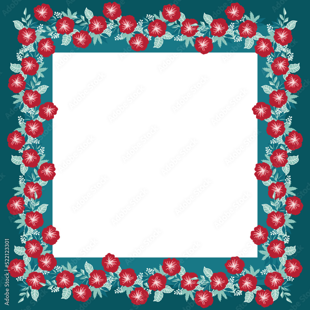 Square frame from cute red flowers. Place for text. Greeting card template. Square frame from cute red flowers. Place for text. Greeting card template.