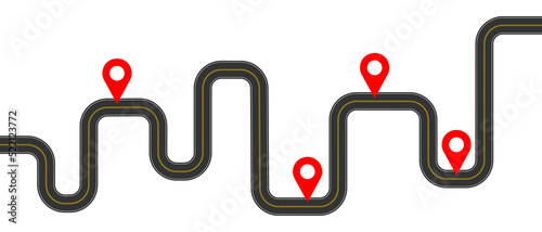 Infographic template of winding road with markup and map pins signs. Delivery, trip, gps navigation, travel plan concept isolated on white background. Vector flat illustration