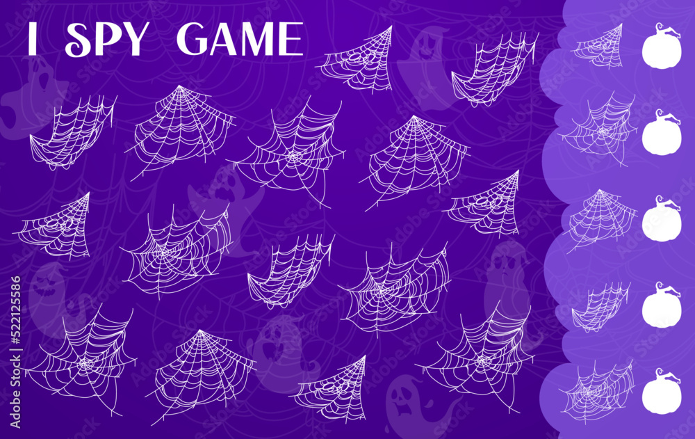 Halloween I spy game of cartoon spiderweb and cobweb, ghost and pumpkin ...