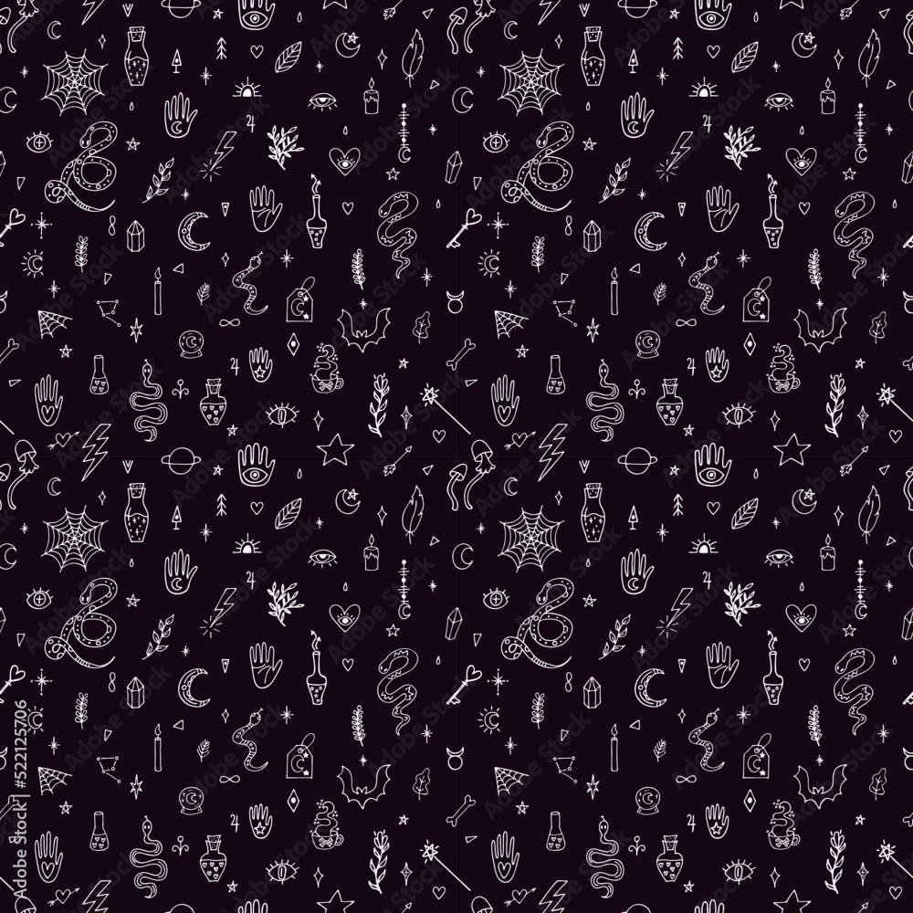 Mystical esoteric background. Magical hand drawn seamless pattern. Doodle boho style. Halloween. Witchcraft print