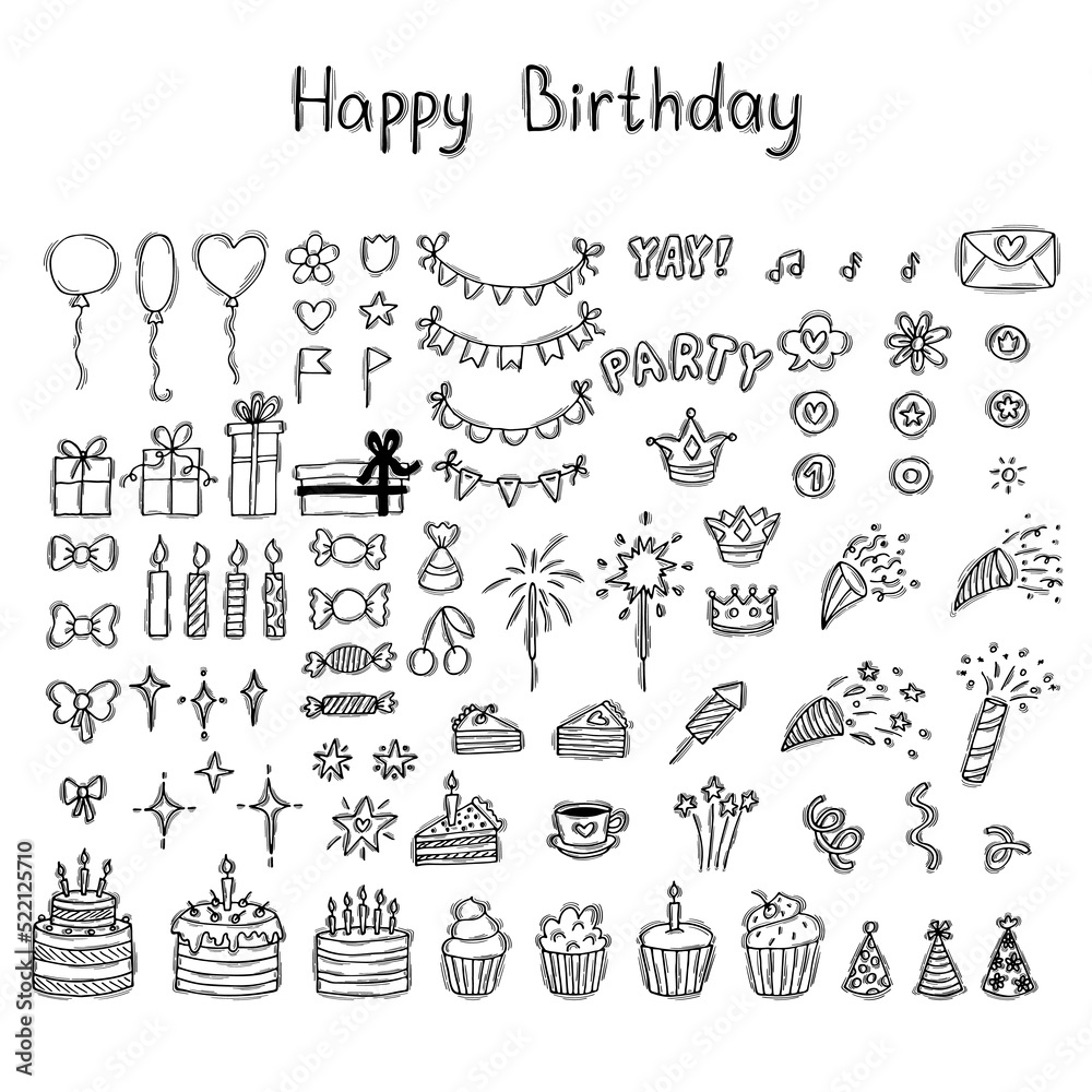 Fototapeta premium Set of hand drawn birthday party design elements. Happy Birthday. Balloons, cupcakes, cakes, gifts, candles, bows and festive attributes
