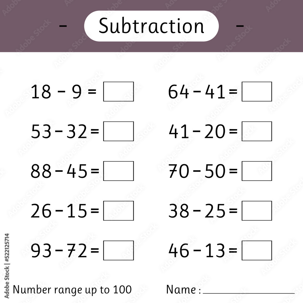 Subtraction. Number range up to 100. Math worksheet for kids ...