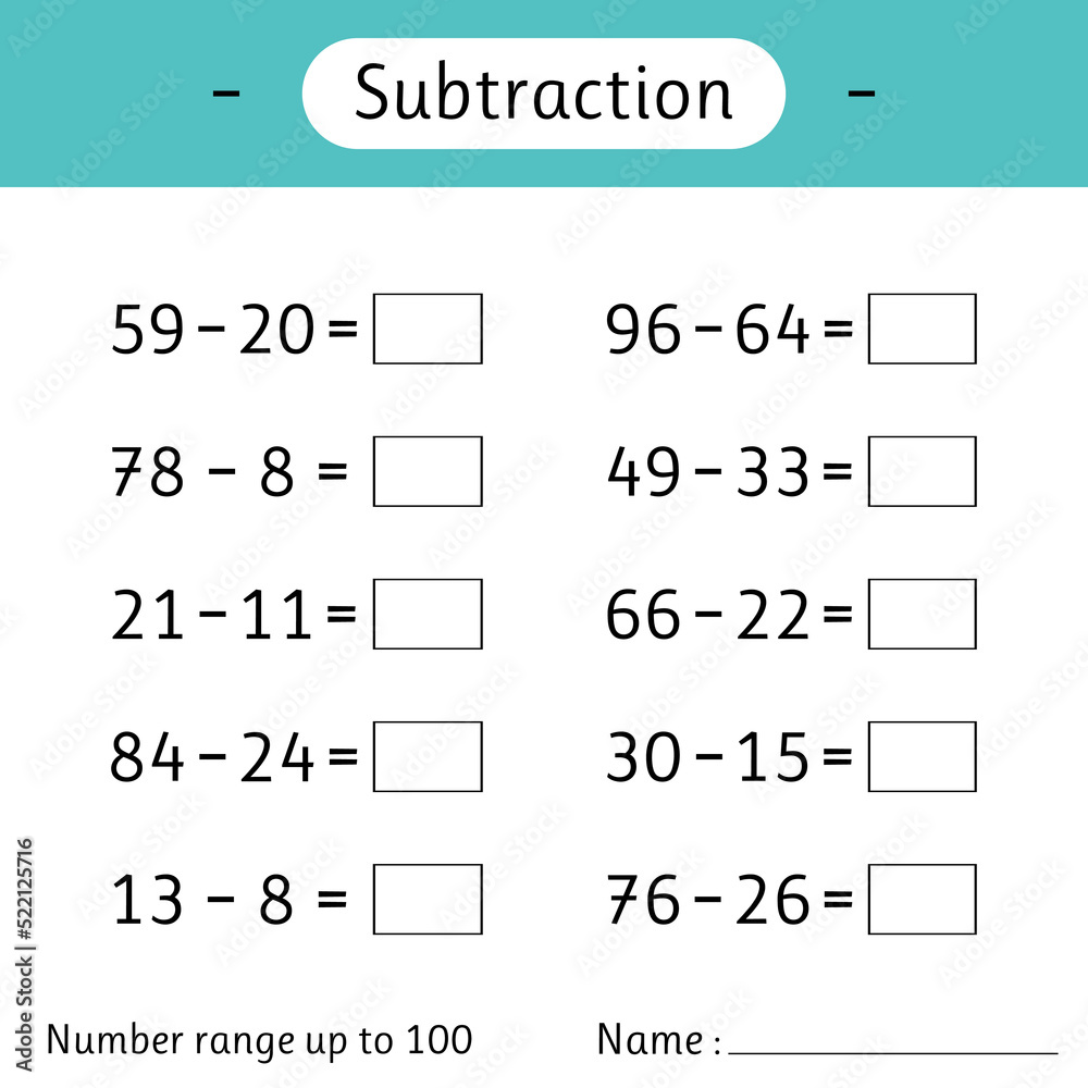 Subtraction. Number range up to 100. Math worksheet for kids. Solve ...