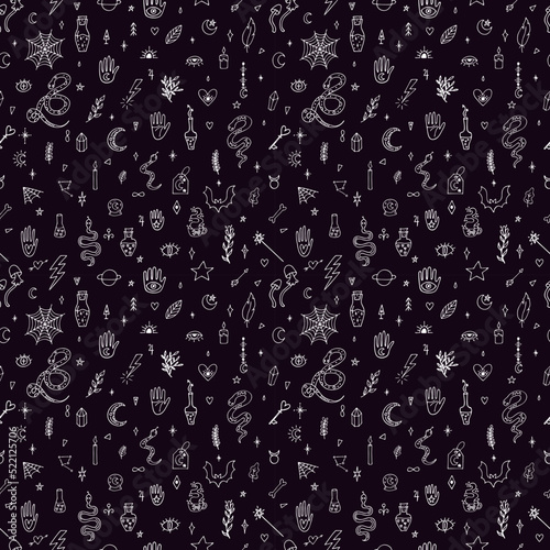 Mystical esoteric background. Magical hand drawn seamless pattern. Doodle boho style. Halloween. Witchcraft print