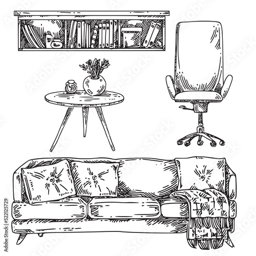 Set of furniture. Computer chair, table, bookshelf and sofa. Engraving style. Vector illustration.