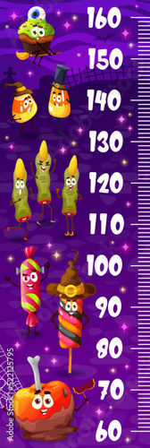 Kids height chart. Cartoon Halloween candy characters on cemetery vector growth measure meter. Height chart with ruler scale and cute trick or treat sweets, pumpkin cupcake, lollipops, finger cookie