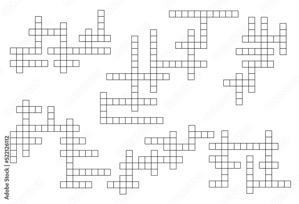 Crossword riddle, find word quiz grids collection. Crossword puzzle, intellectual game or riddle. Educational playing activity or text quiz vector grid templates set Crossword riddle, find word quiz grids collection. Crossword puzzle, intellectual game or riddle. Educational playing activity or text quiz vector grid templates set