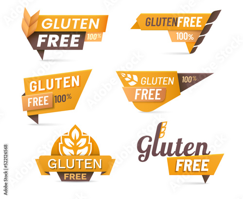 Gluten free food icons, labels and banners. Organic farm cereal product label, healthy nutrition and allergen free vector icon with wheat or rye ear. Vegan diet meal quality and gluten free label
