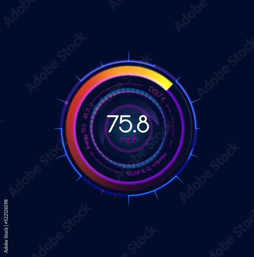 Futuristic car speedometer gauge dial. Neon led speed meter. Electric vehicle speedometer digital screen, motorbike dashboard circle interface or tachometer counter with energy level indicator bar