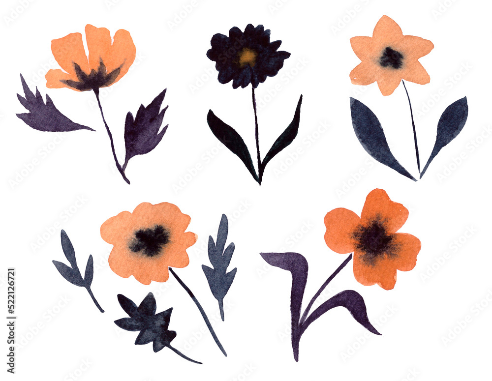 Set of watercolor flowers in halloween colors isolated on white background