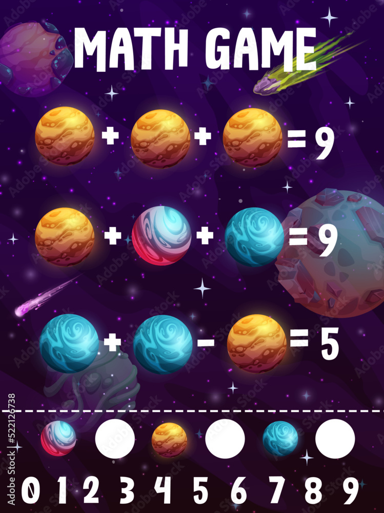 Obraz premium Math game worksheet. Cartoon galaxy space comets, planets and stars. Kids puzzle game with addition and subtraction task, child mathematical playing activity or vector riddle with fantasy planets