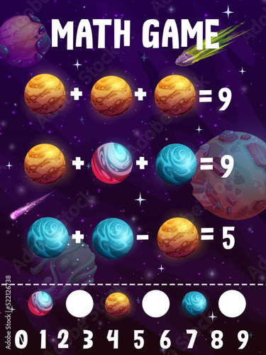 Math game worksheet. Cartoon galaxy space comets, planets and stars. Kids puzzle game with addition and subtraction task, child mathematical playing activity or vector riddle with fantasy planets
