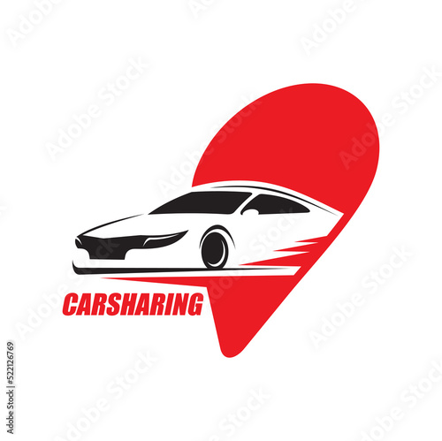 Car rent and carsharing service icon, automobile and taxi rides vector symbol. Car sharing or auto carpool service emblem with modern automobile and navigation or location red pin for mobile app