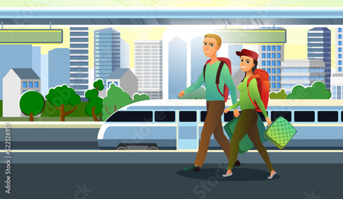 Tourists with backpacks and suitcases. Walks and smiles. Near train railway station. Boy and girl or husband and wife. Vector.