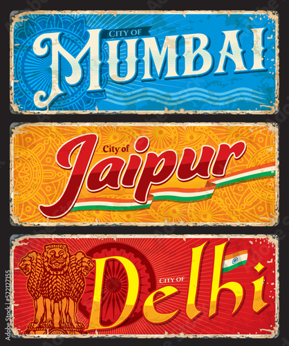 Mumbai, Jaipur, Delhi indian travel plates and stickers. India city vintage plate or scratched poster. Asian voyage destination grunge vector sticker or banner, Indian vacation retro tin sign or plate