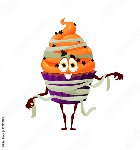 Cartoon Halloween mummy cupcake, vector festive bakery character with stars sprinkles. Cute spooky muffin personage wrapped in bandage, sweets for kids trick or treat party, funny pastry dessert