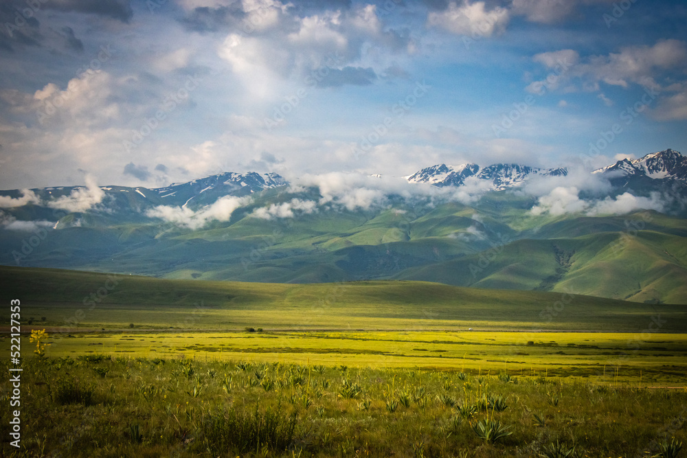 Obraz premium suussamyr valley in kyrgyzstan, mountain landscape, central asia, green valley, pasture