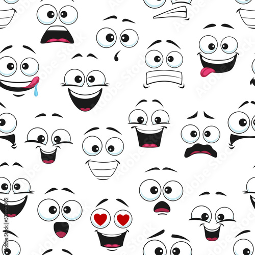Happy cartoon faces seamless pattern. Vector background with smiling, excited and surprised facial emoji. Funny emotions, comic personages fall in love, rejoice, laughing with open mouth and tongue