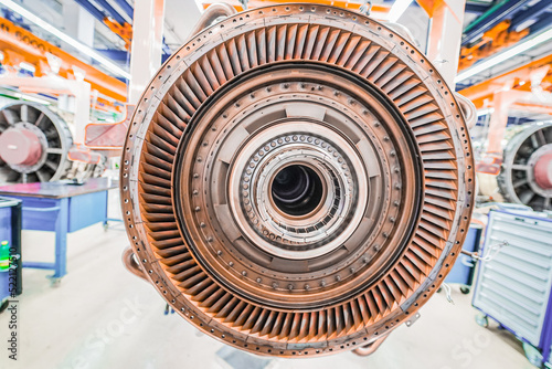 The engine of an aircraft in the workshop in process of disassembly