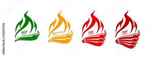 Spicy level labels. Hot spice, tabasco or ketchup sauce capsaicin level meter, chili pepper spicy rating vector label or indicator with green, yellow and red cayenne or jalapeno peppers in fire flame