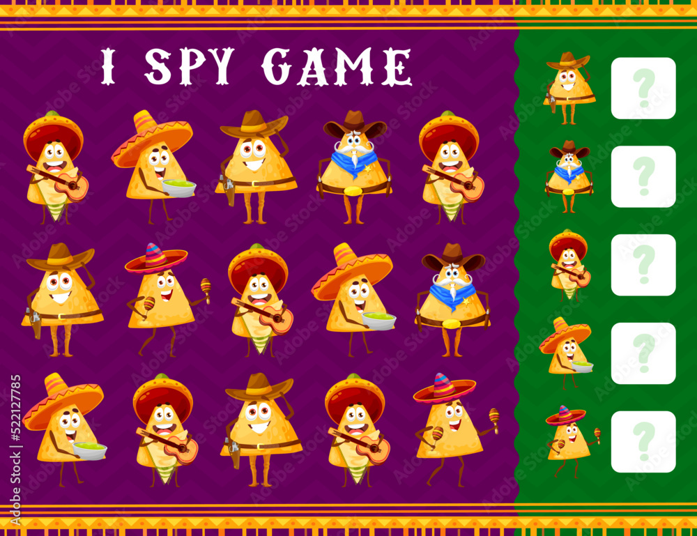 Vecteur Stock Funny Mexican Nachos Chips Characters I Spy Kids Game cartoon-funny-mexican-man-presenting-6605476-vector-art-at-vecteezy