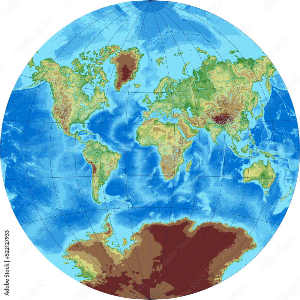 Vector pixelated topographic world map Van der Grinten projection